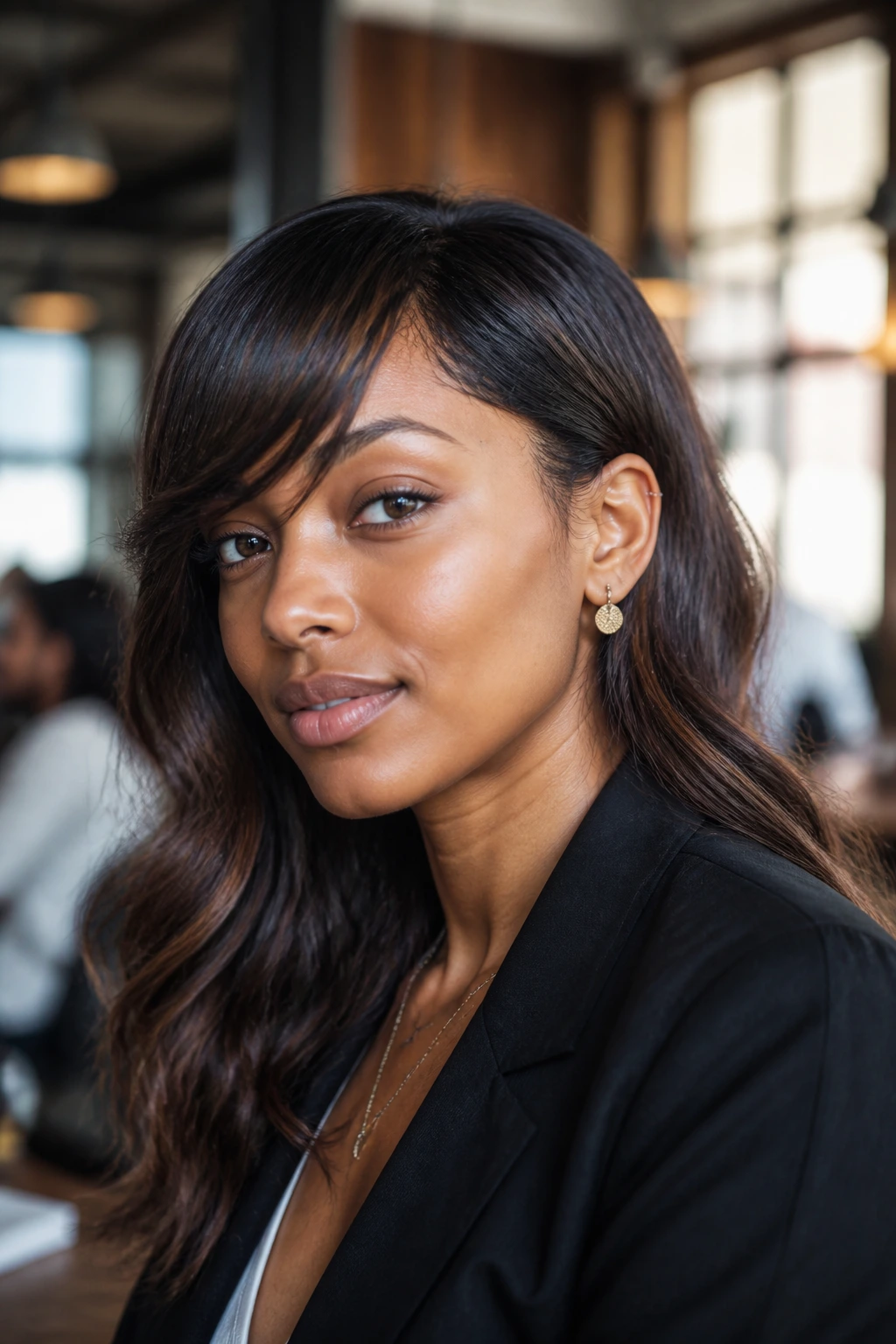 Portrait of a real woman with layered side fringe tucked behind the ear