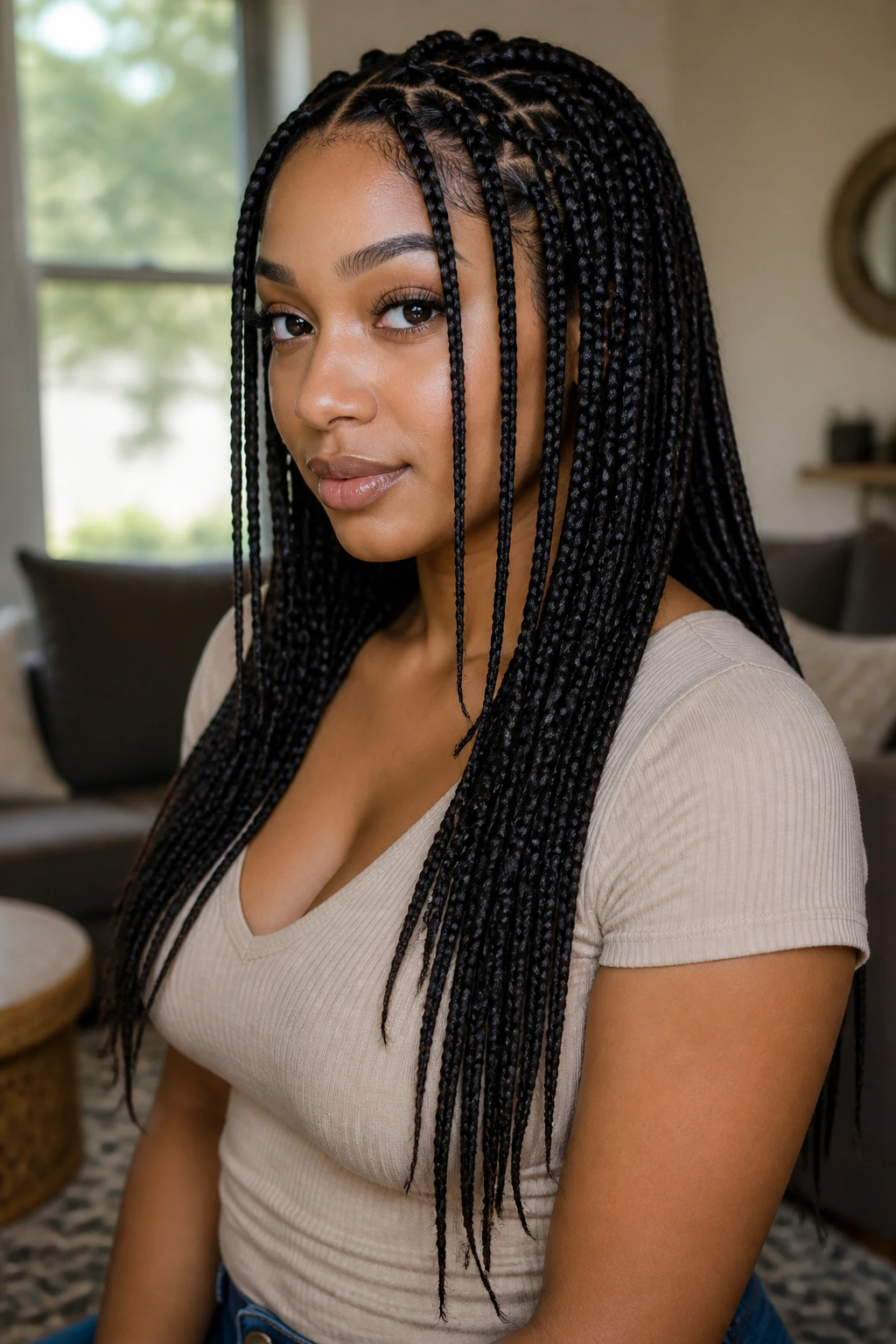 Real woman with layered singles at two lengths in a cozy living room setting