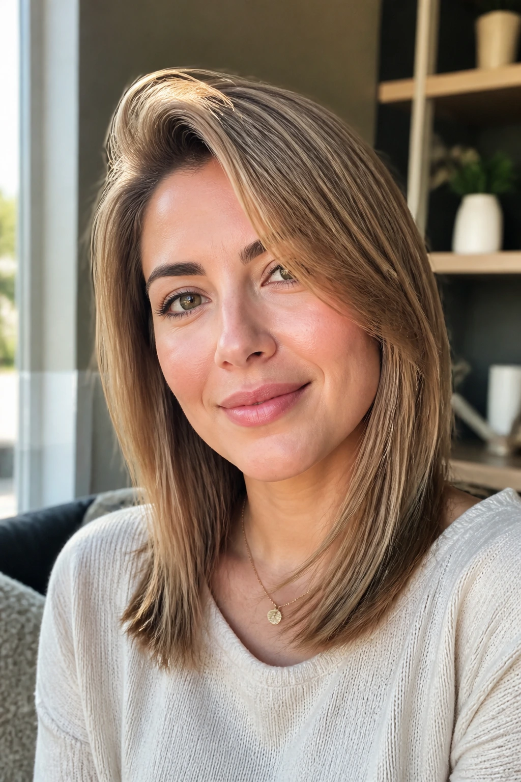 Portrait of a woman with deep side part and layered straight hairstyle in natural light