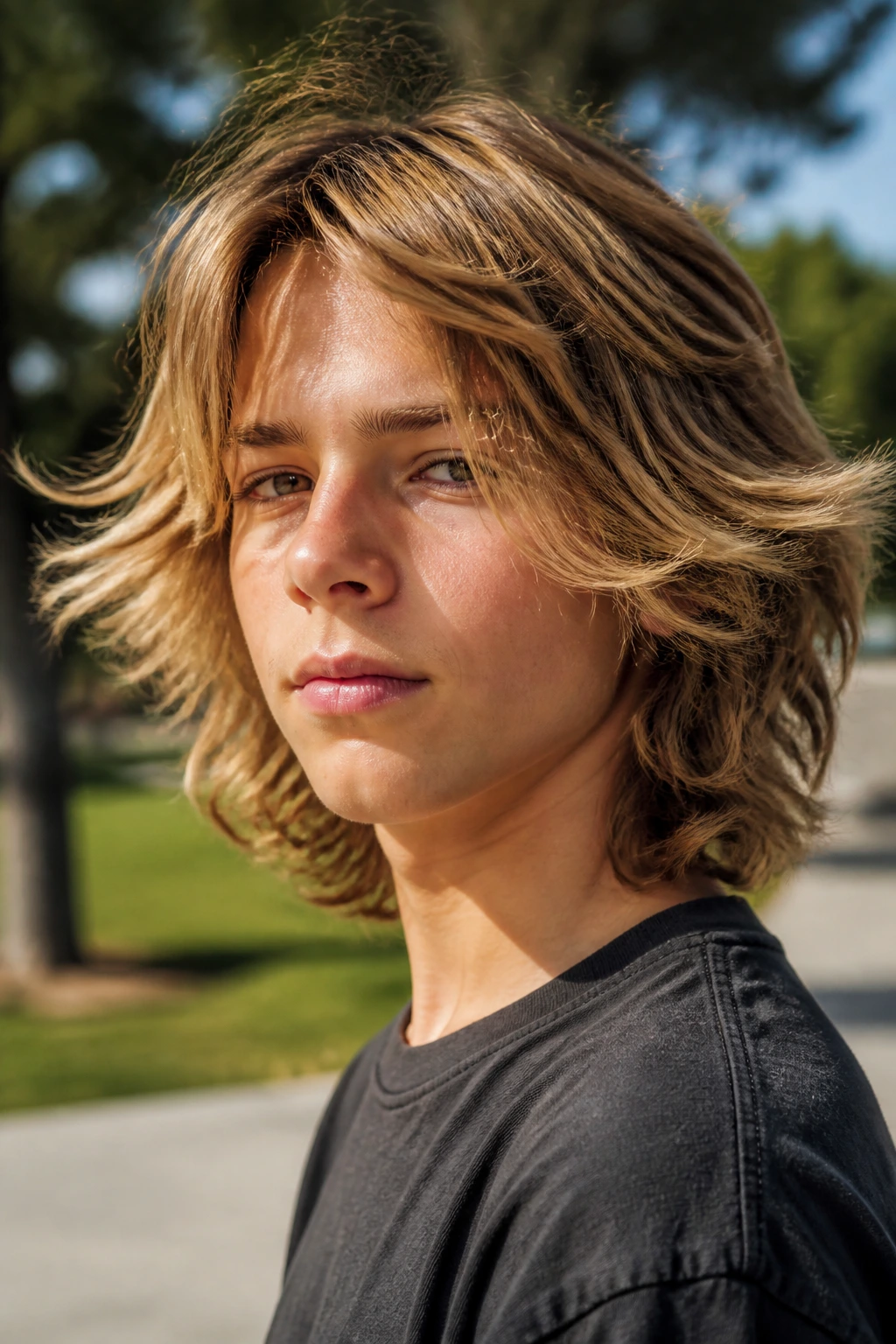 Real boy with layered surfer shag hairstyle in outdoor park