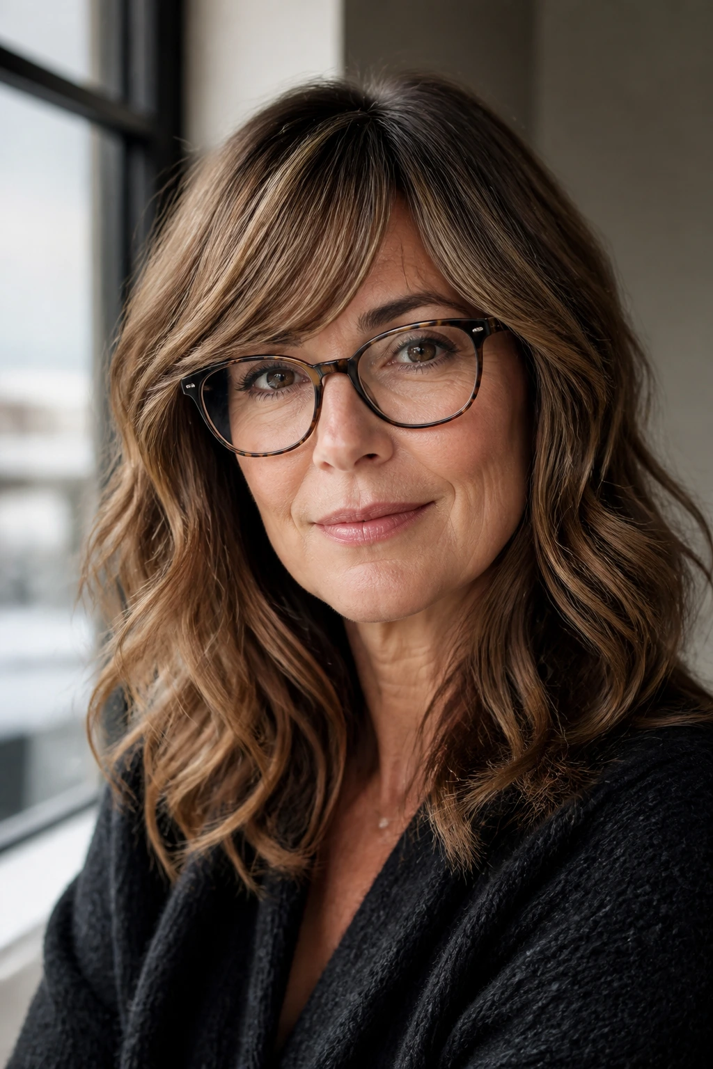 Real woman wearing glasses with layered sweeping bangs and natural light