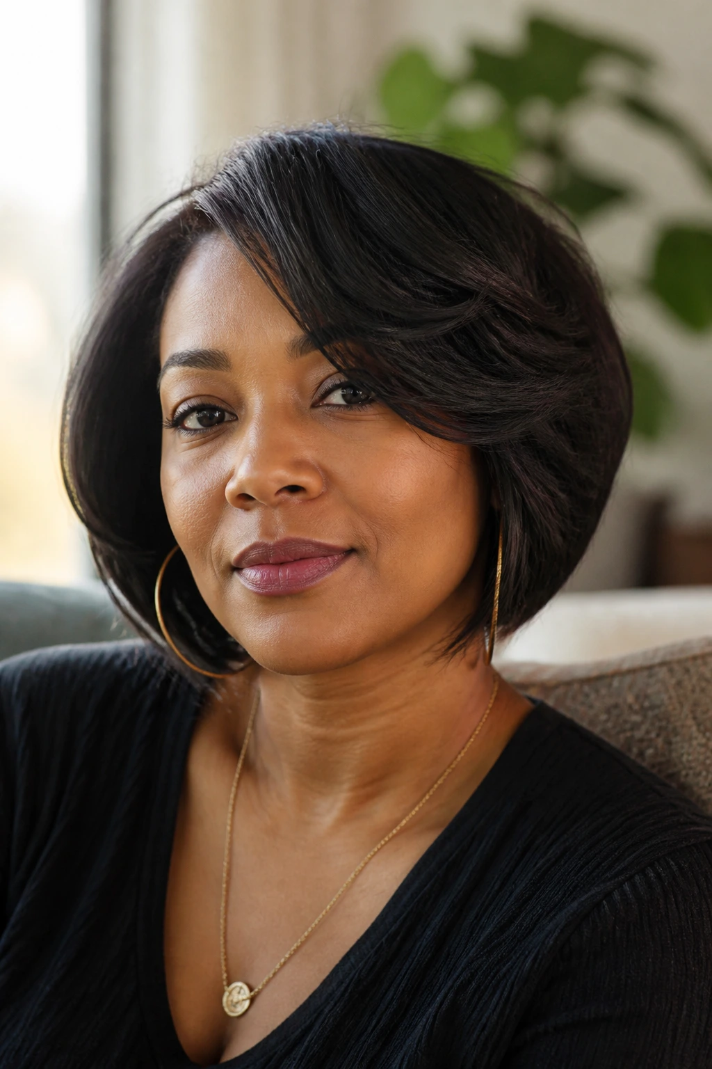 Close-up of a real woman with a layered tapered bob and subtle internal layers.