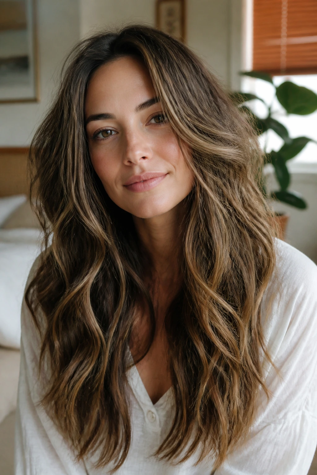 Real woman with long layered hair and thick ends