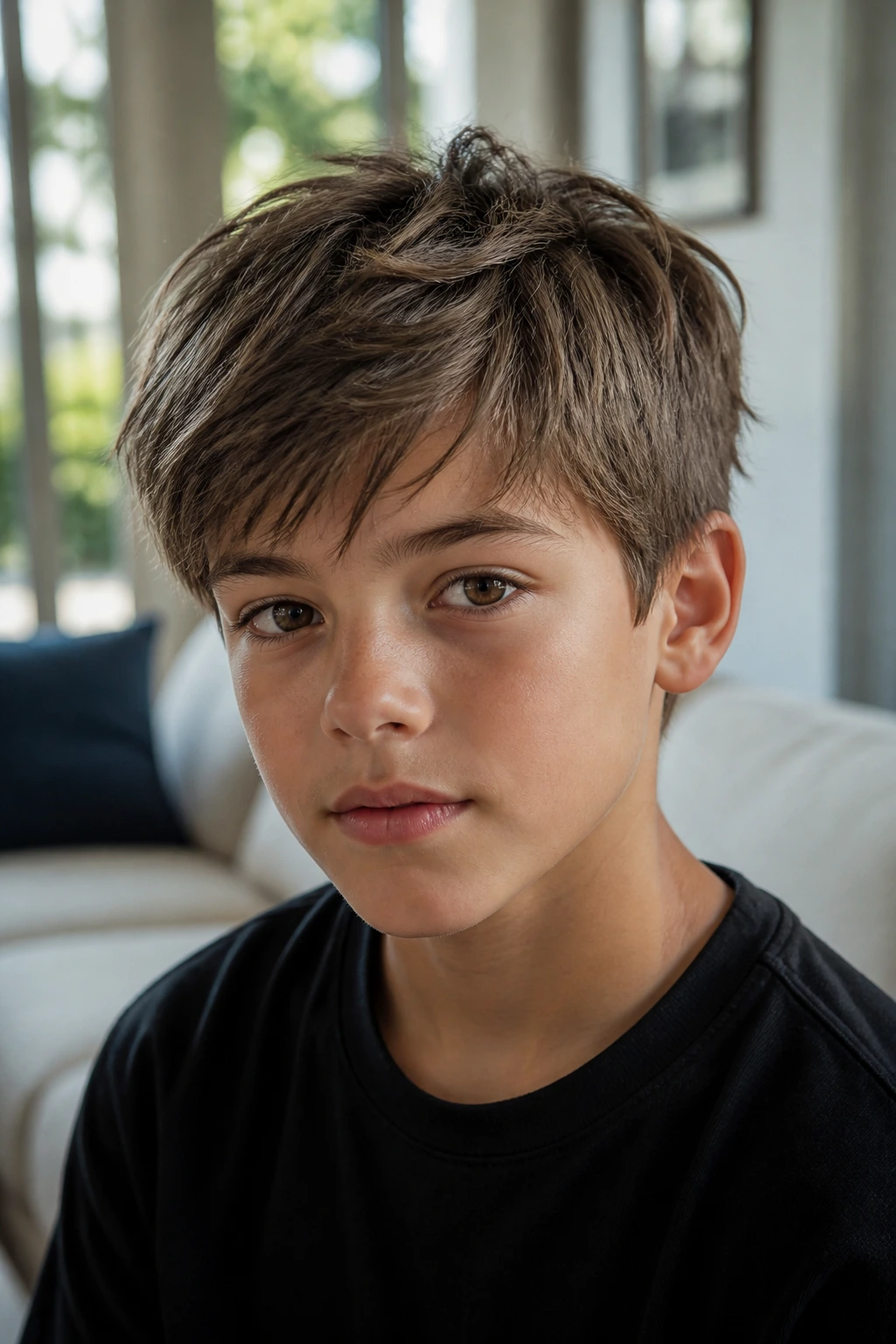 Close-up of a real boy with a layered top haircut in a bright living room.