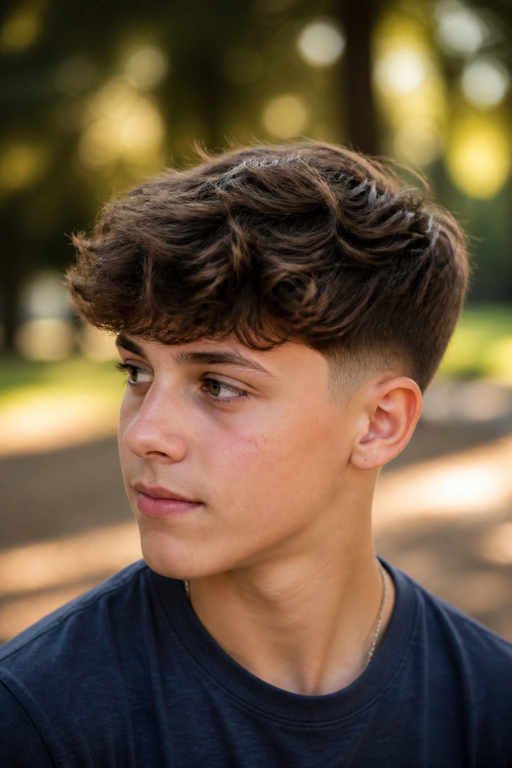 Portrait of a boy with layered top and temple fade on sunny day