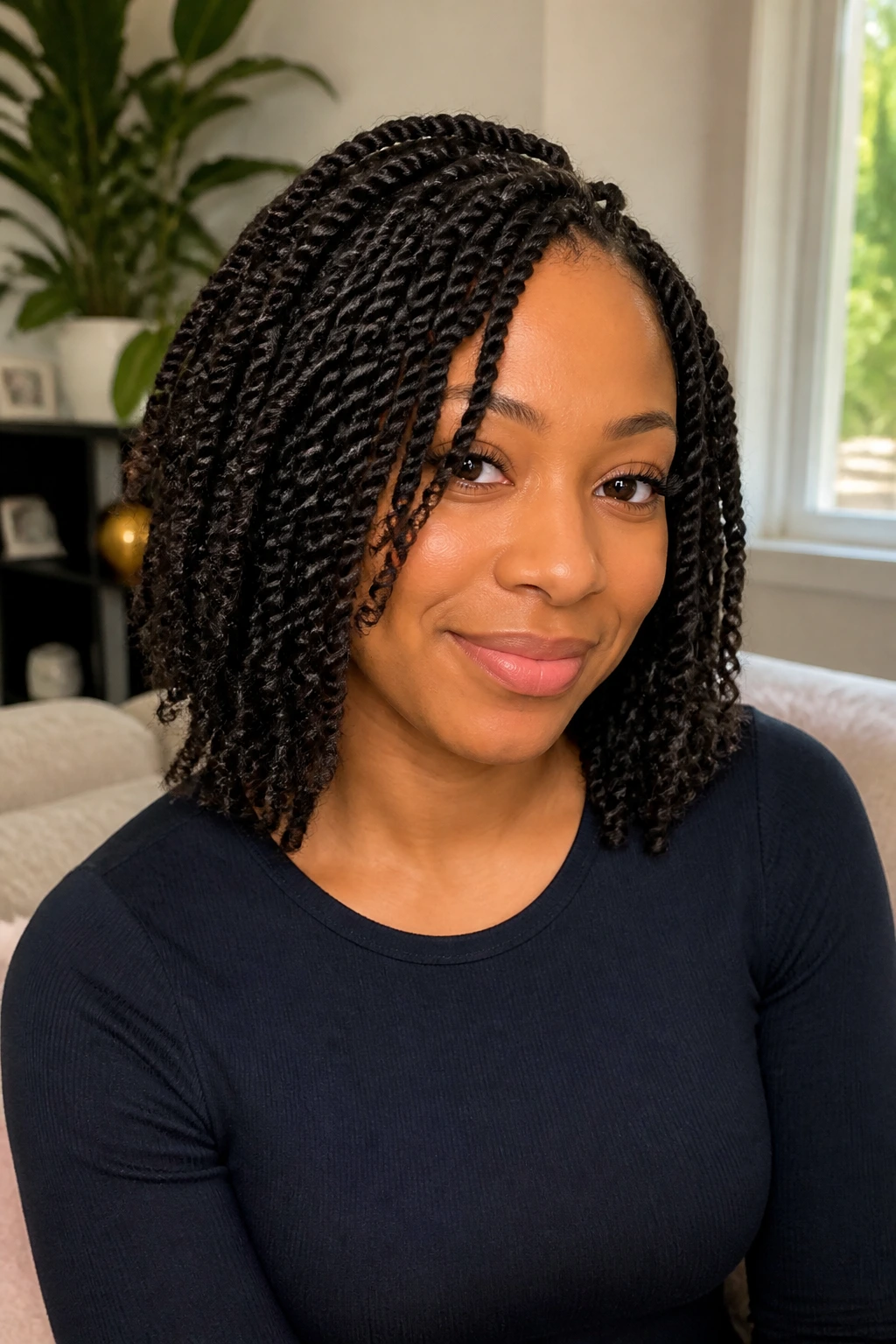 Close-up portrait of a woman with layered twists and shorter front pieces
