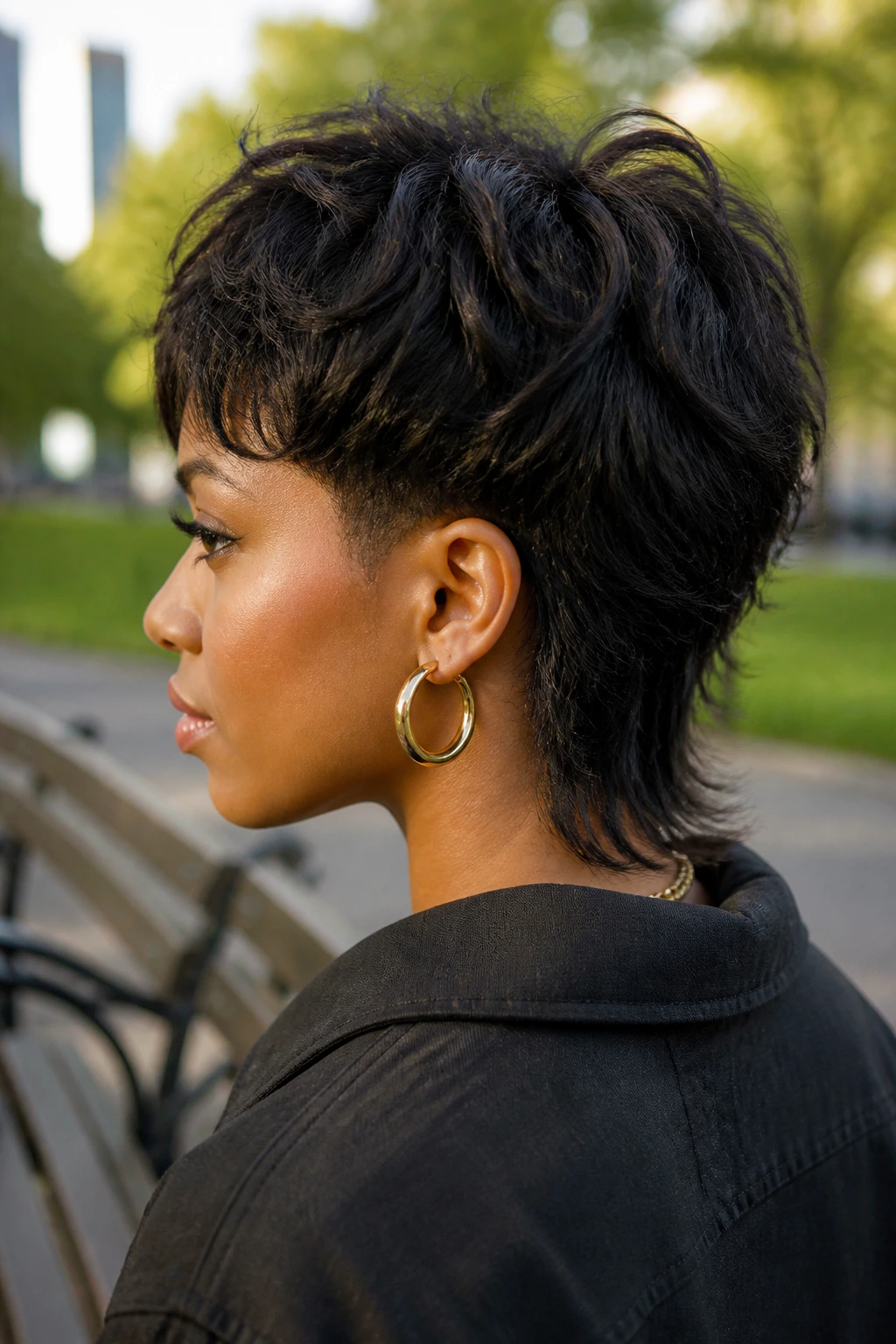 Close-up portrait of a Black woman with layered two-block mullet