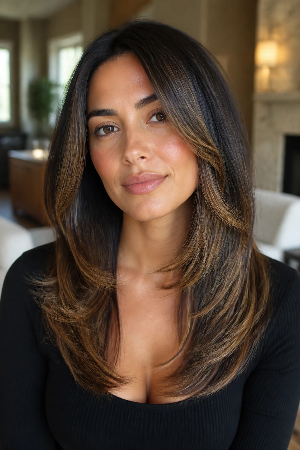 Real woman with layered U-cut and honey-dipped ends in warm light.