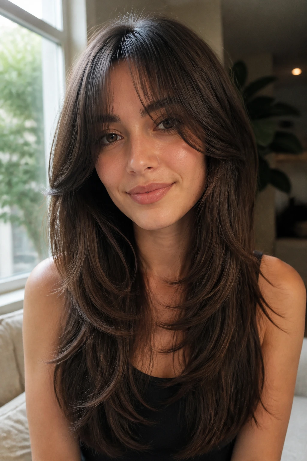 Portrait of a person with layered U-shaped fringe in natural daylight near a window.