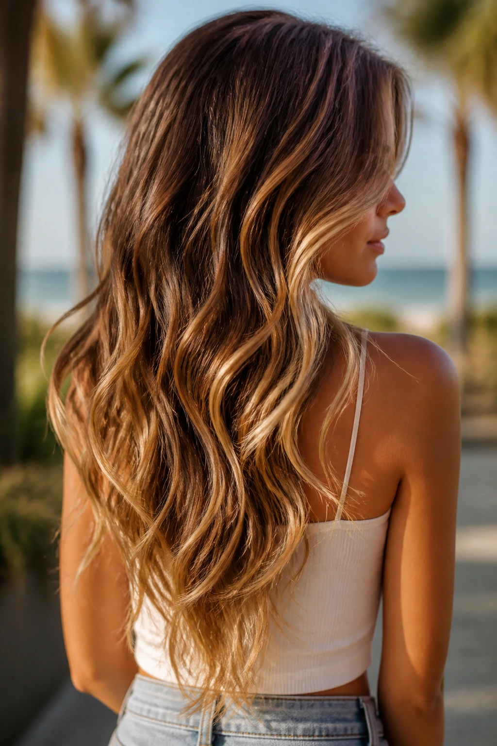 Close-up of a real person with layered V-cut and beachy bends showing babylights.