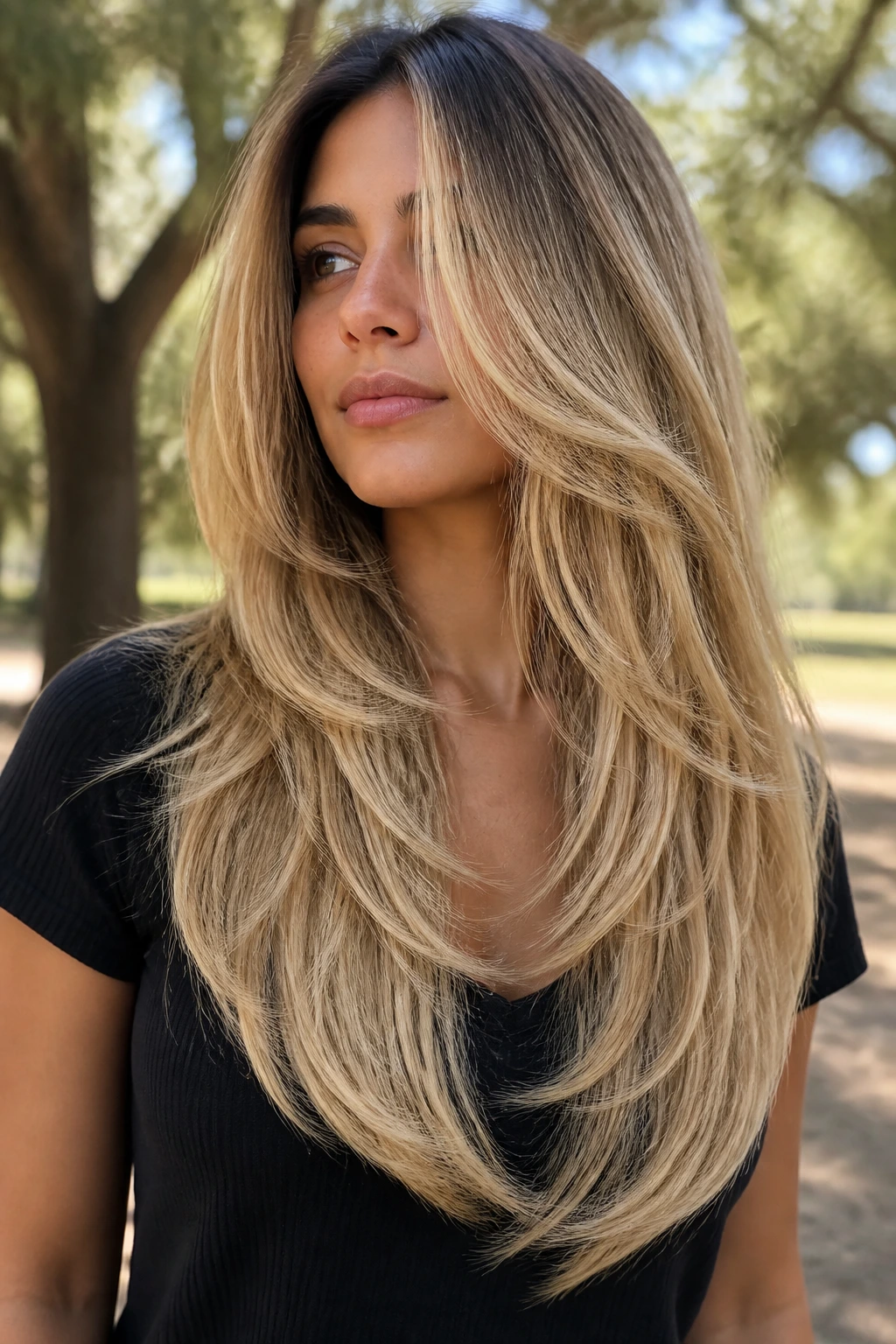 Close-up portrait of a real person with Layered V-Cut and Bright Butter Sweep on olive skin