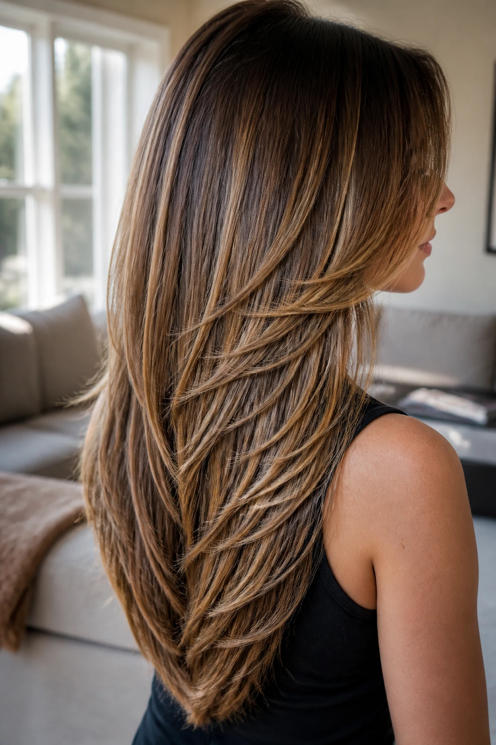 Back-and-side view of layered V-cut hairstyle with caramel highlights