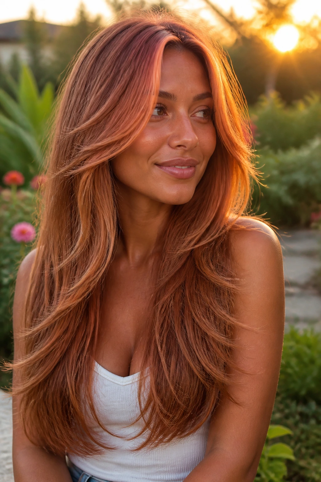 Real woman with layered V-cut and copper face-framing highlights on tan skin