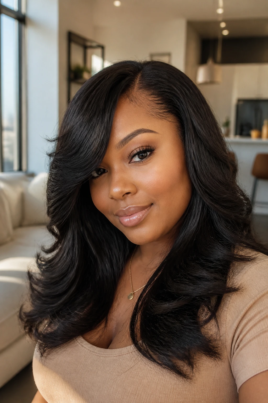 Real woman layered vixen sew-in with curled ends