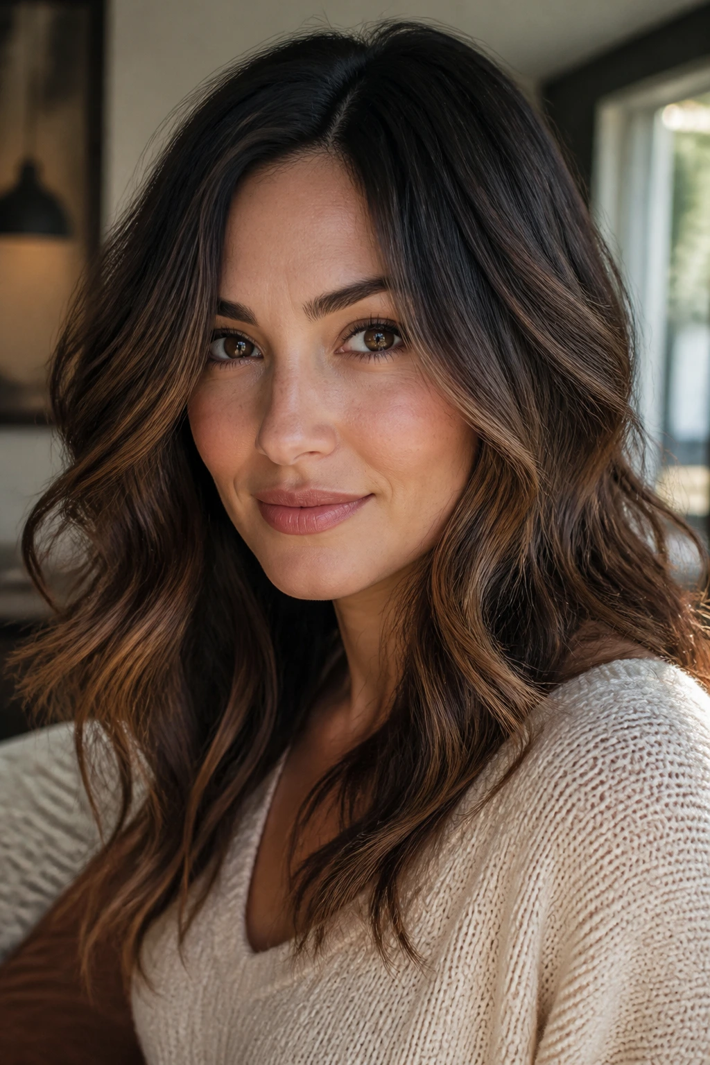 Close-up portrait of a real woman with tousled layered waves and mid-length separation, natural window light