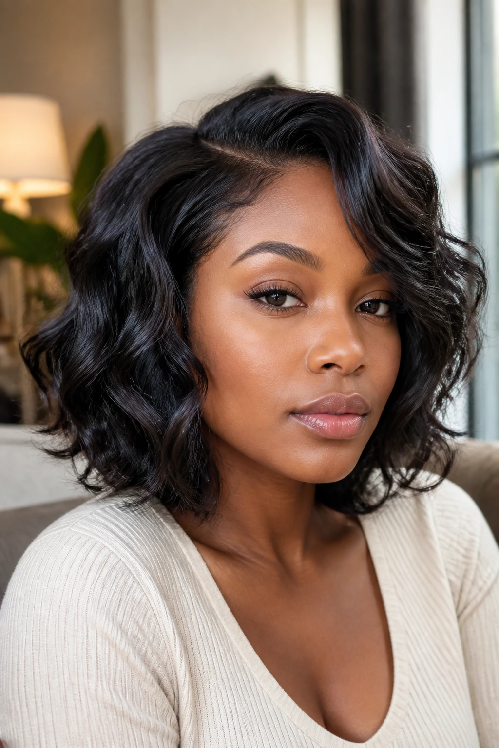 Close-up portrait of a real Black woman with layered wavy hair framing her face