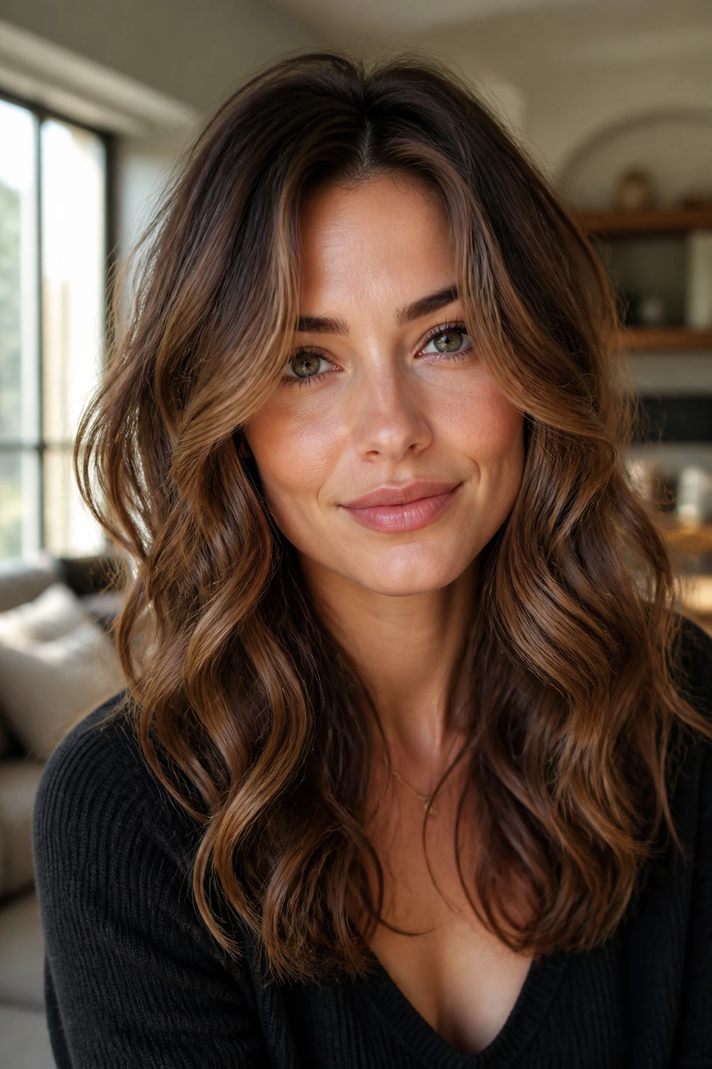 Close-up of a real woman showing layered romantic waves around the face.