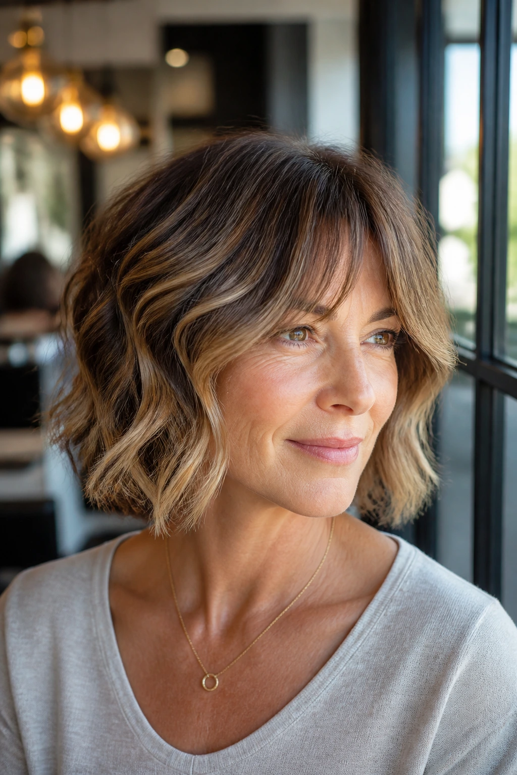 Layered wavy bob close-up with curtain bangs in warm natural light