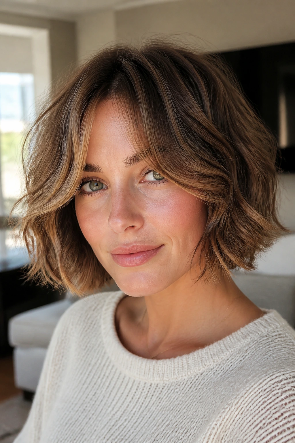 Close-up of a real woman with layered wavy bob and curtain fringe