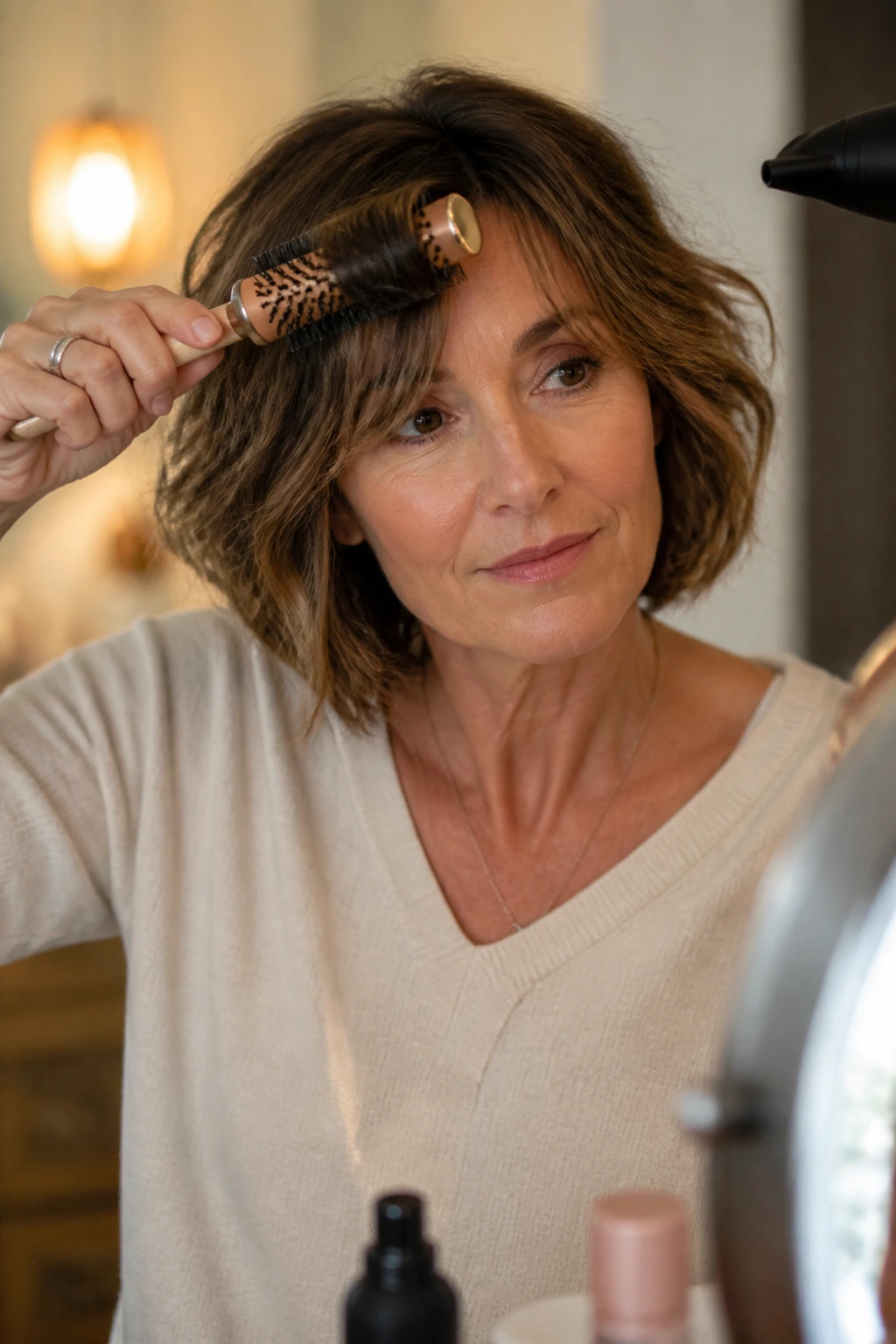 Close-up portrait of a woman styling a layered wavy bob at home with a round brush