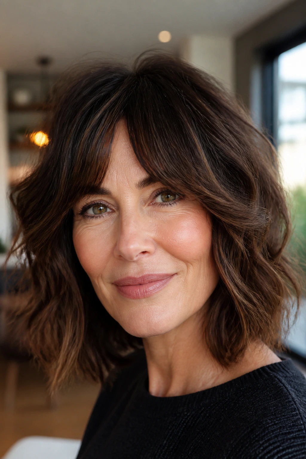 Real woman with layered wavy bob and curtain bangs