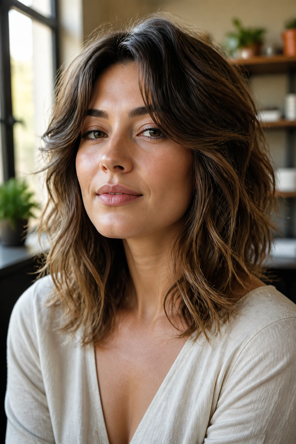 Close-up portrait of a woman with layered wavy hair showing lift and shape.