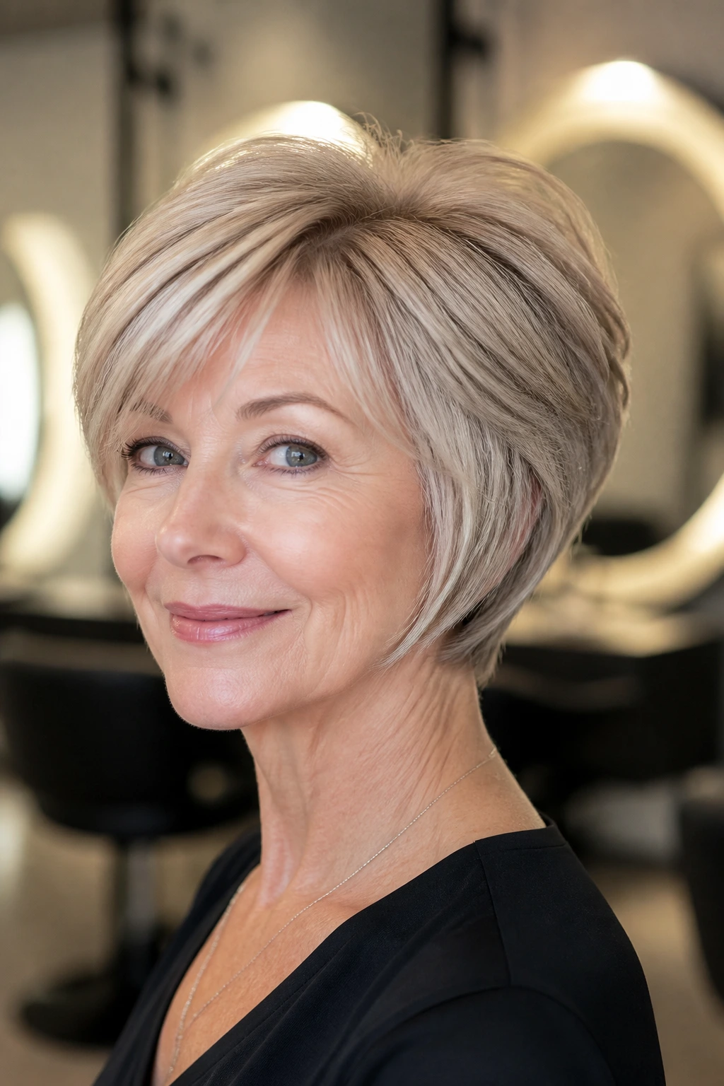 Close-up of a real woman with layered wedge for fine hair, crown lift and soft framing.