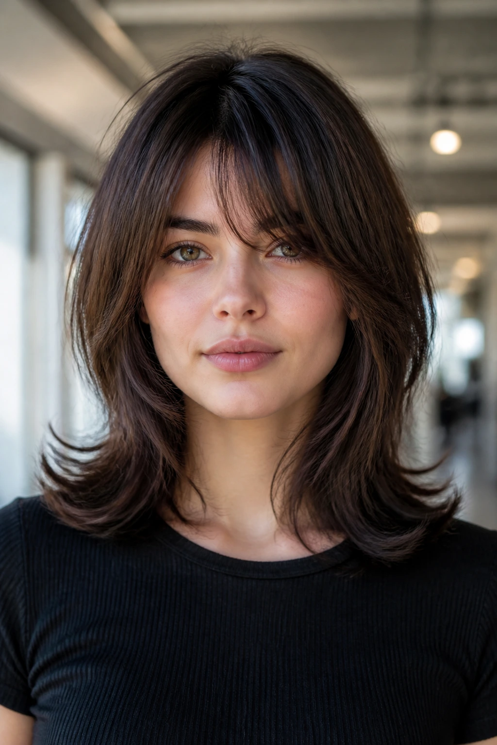 Close-up portrait of a real person with layered wolf cut and soft flip