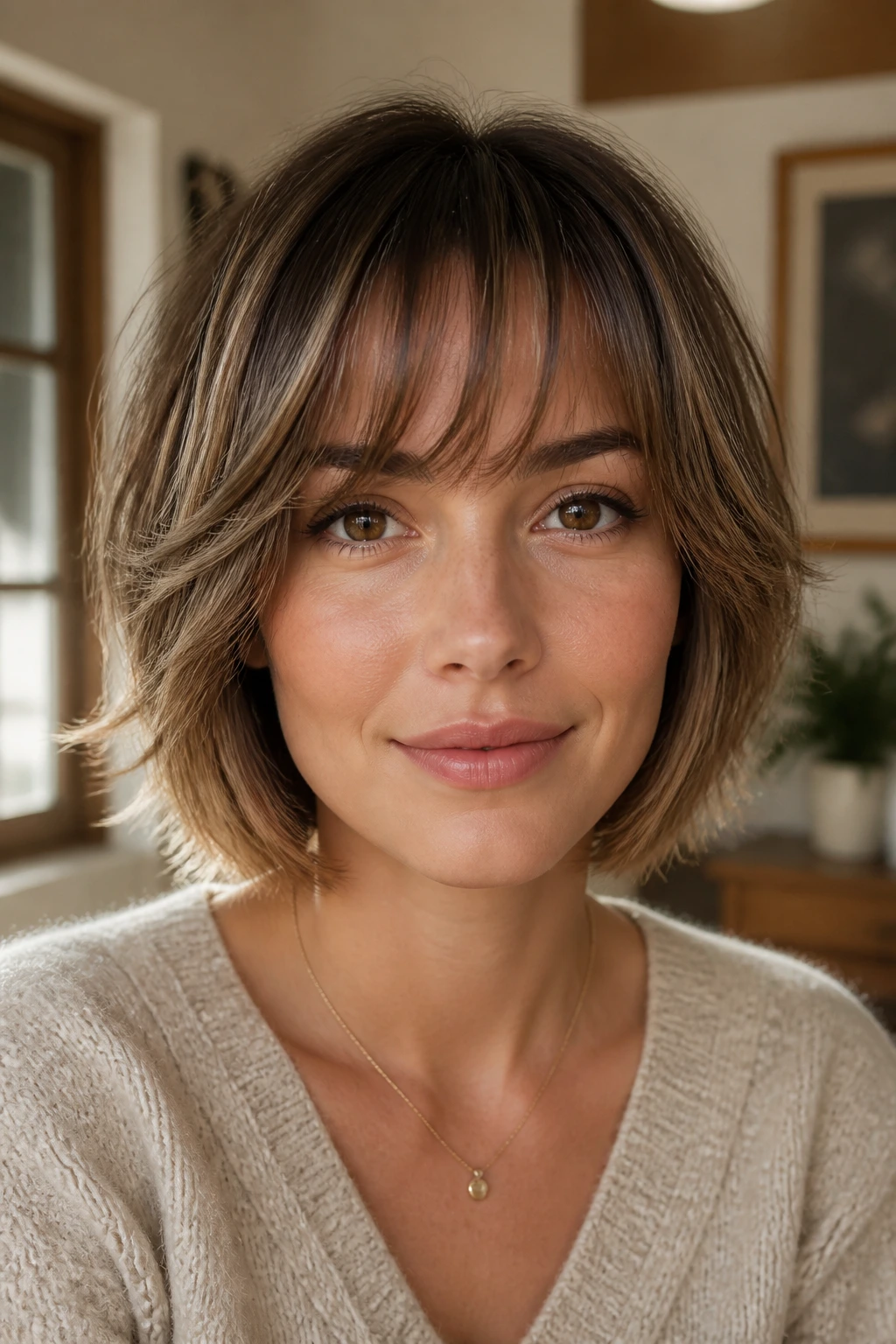 Real woman showing layered bangs with movement in a cozy home setting