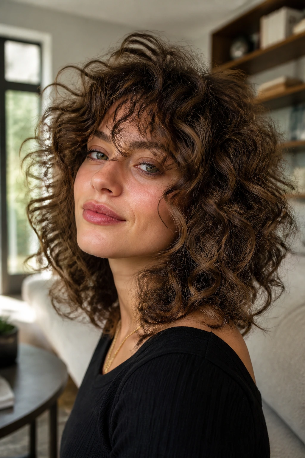Close-up of a real woman with layered curls framing the face
