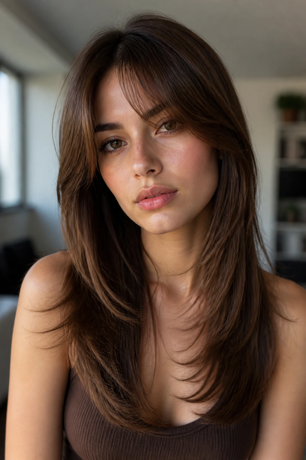 Close-up of a real person with layered front and curtain bangs on straight hair