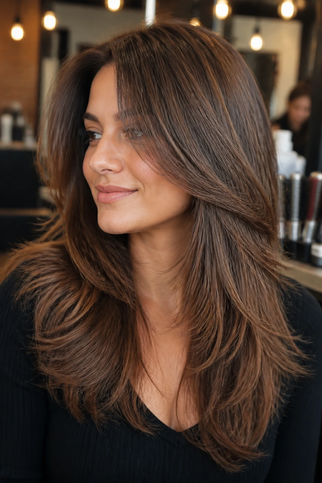 Real person with layered hair softening square jaw in warm salon lighting