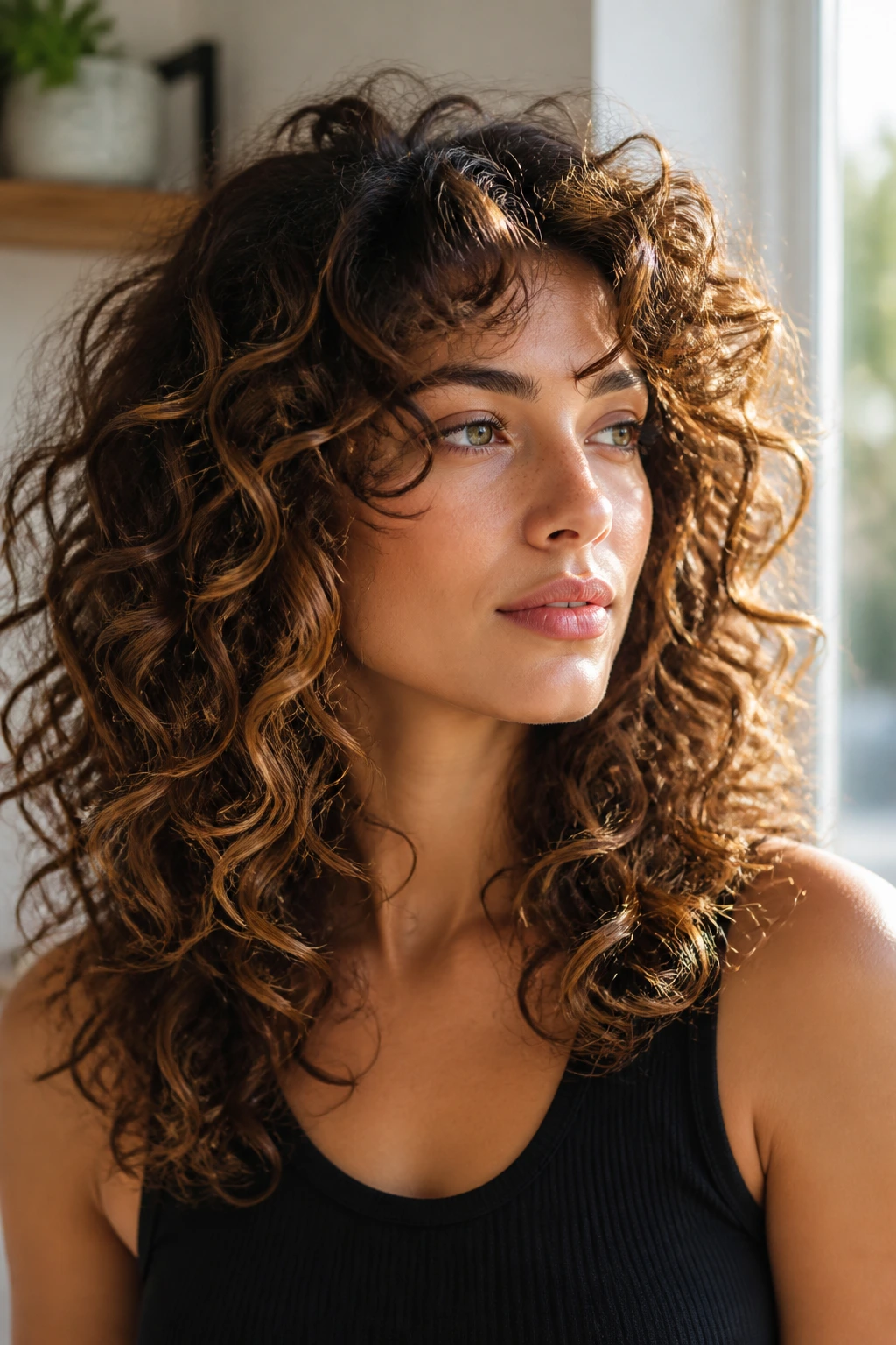 Close-up of a real person showing layered curls with lowlights for depth