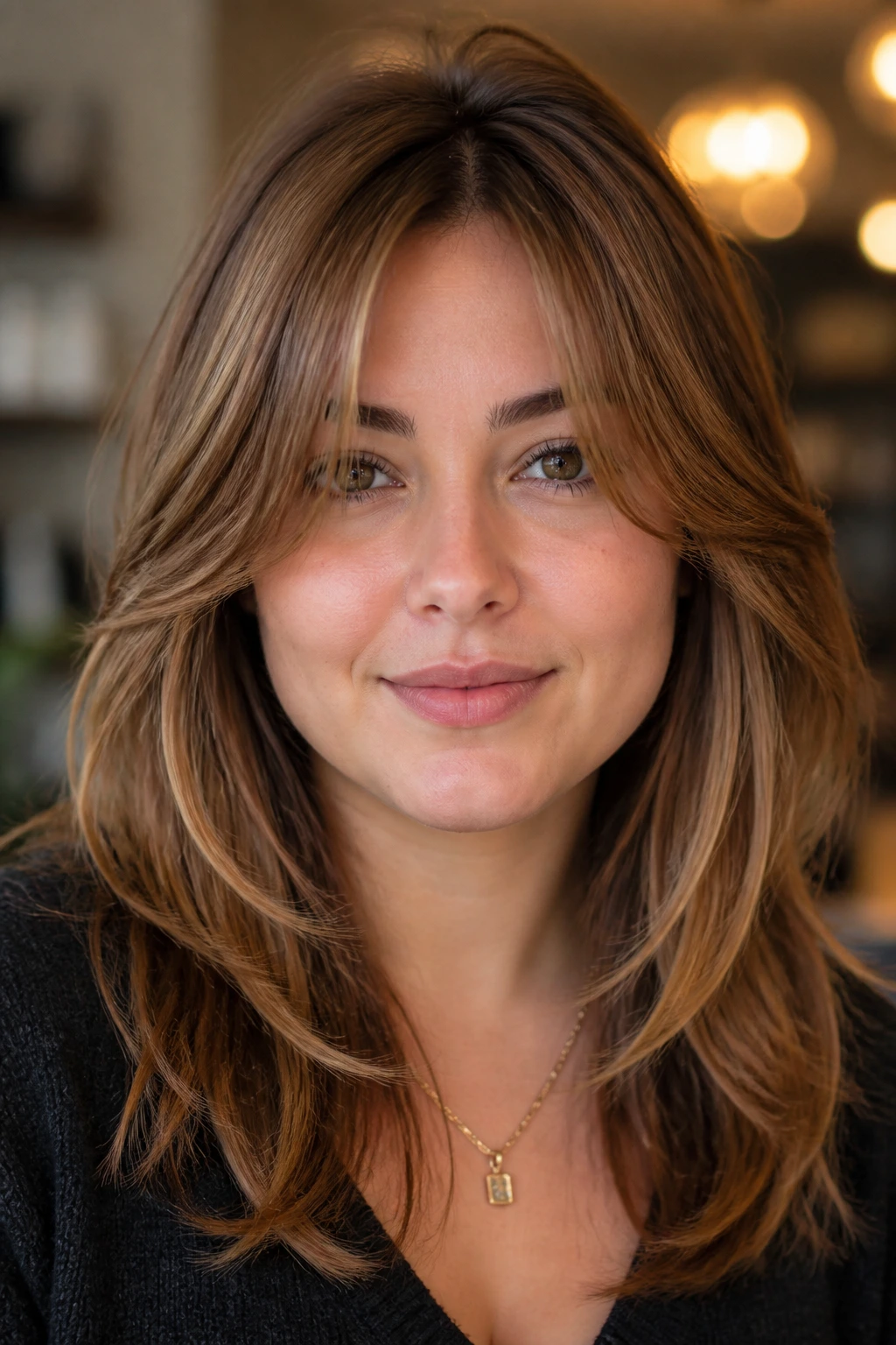 Portrait illustrating how layering elongates a round face with lifted crown.