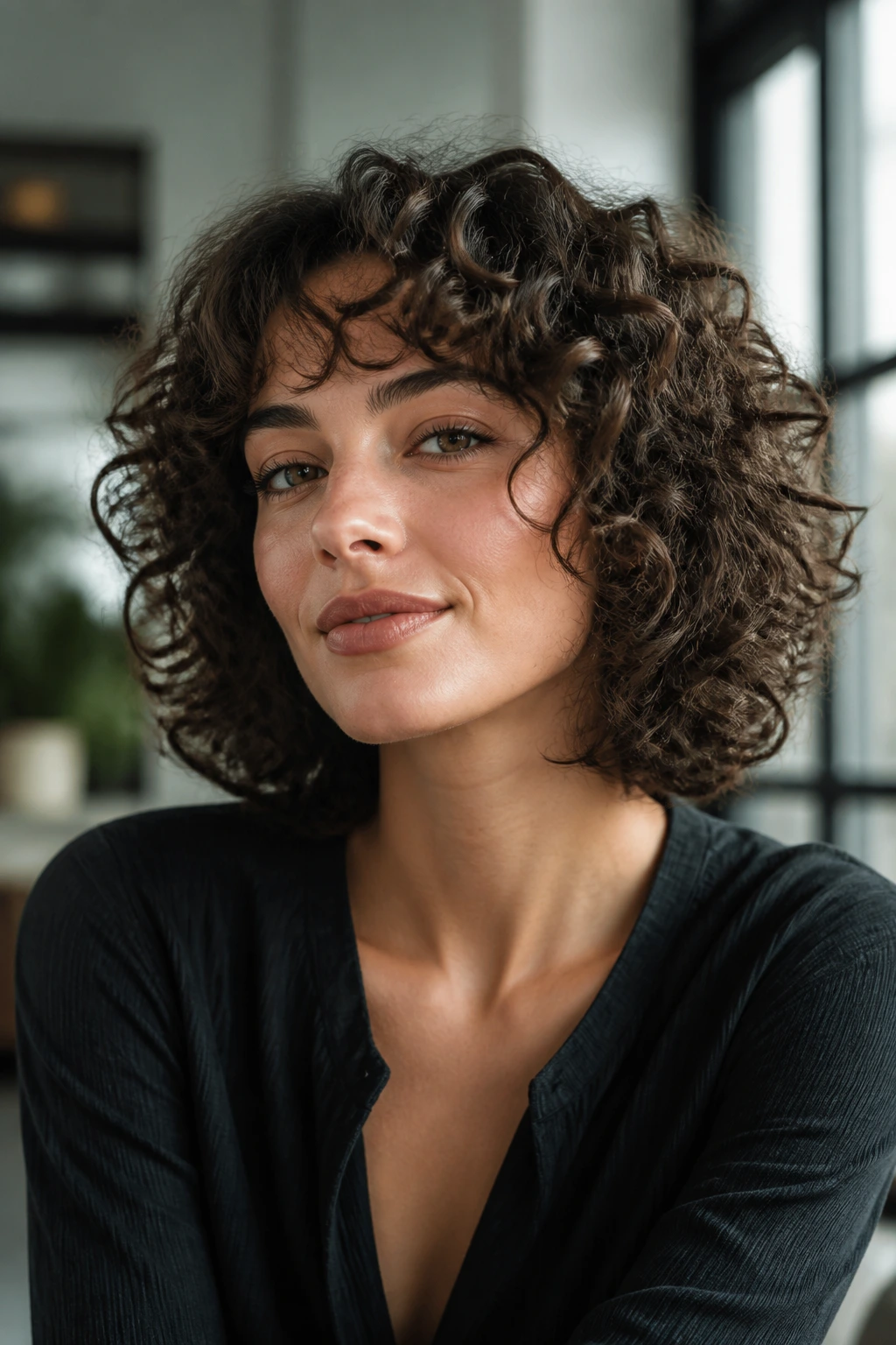 Portrait showing layered curls shaping the silhouette on a heart-shaped face.