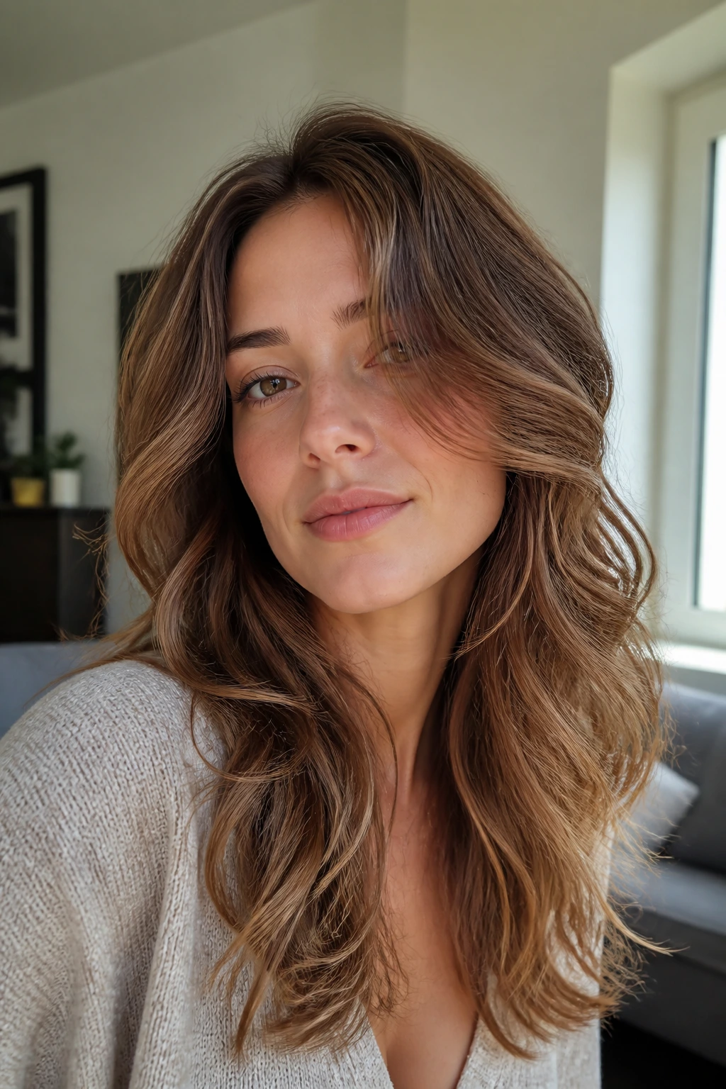 Portrait highlighting layered wavy hair with crown lift and face framing