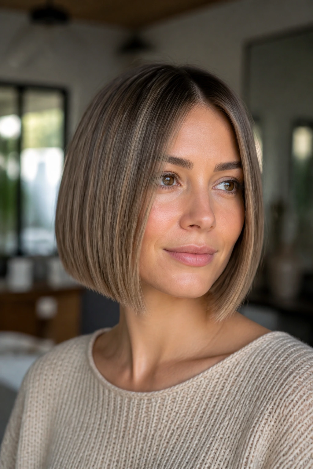 Portrait of a real woman with layerless bob and taupe babylights