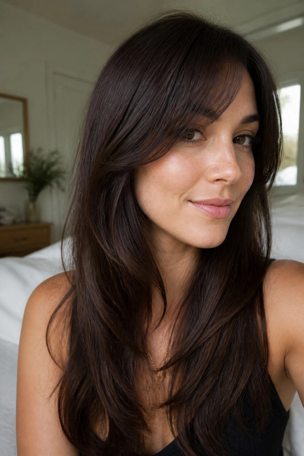 Portrait of a woman with layered hair and bangs near the cheekbone
