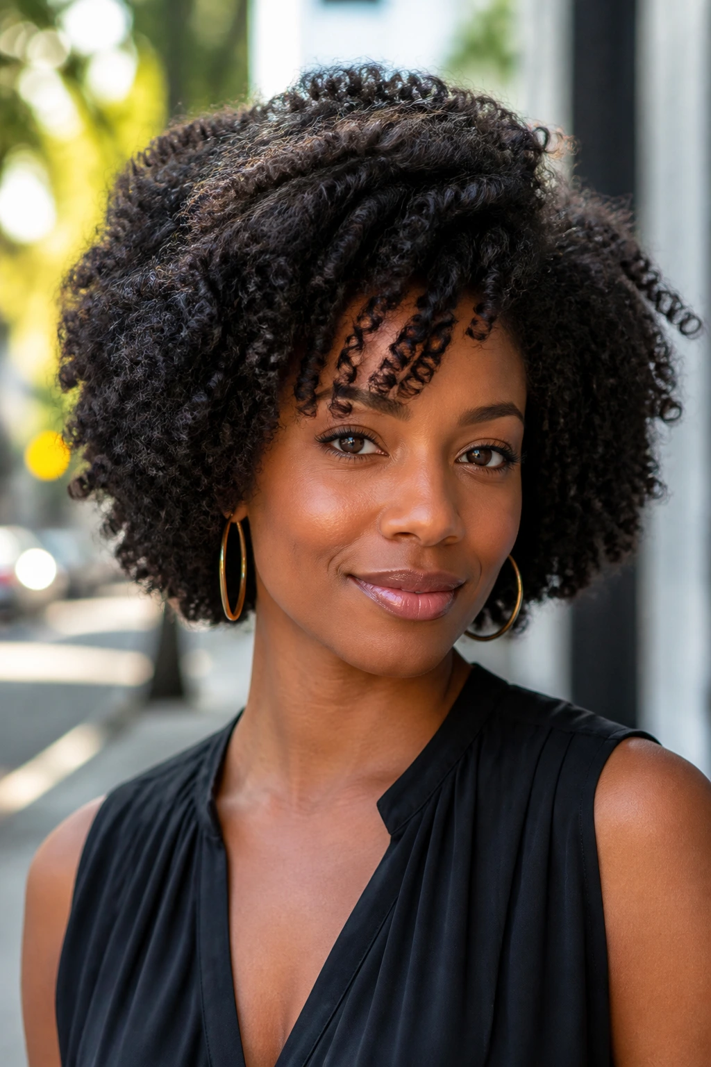 Close-up portrait of a real Black woman with lifted crown layers in sunlight.