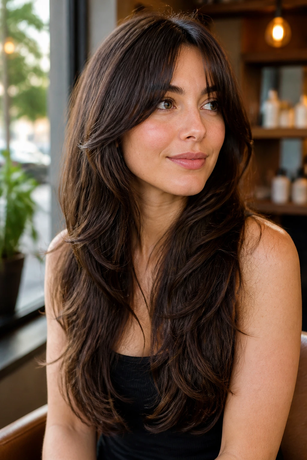 Portrait of client showing right-layer haircut with cheekbone starting layers