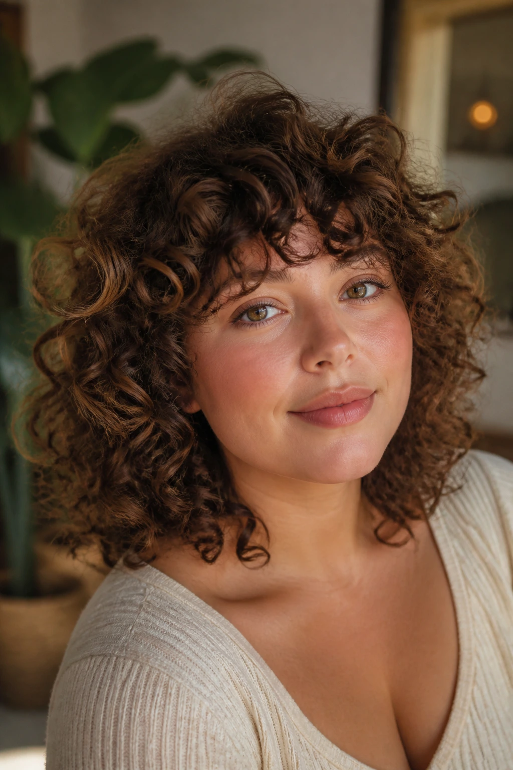 Close-up portrait of a woman with curly hair showing crown lift and cheekbone sweep