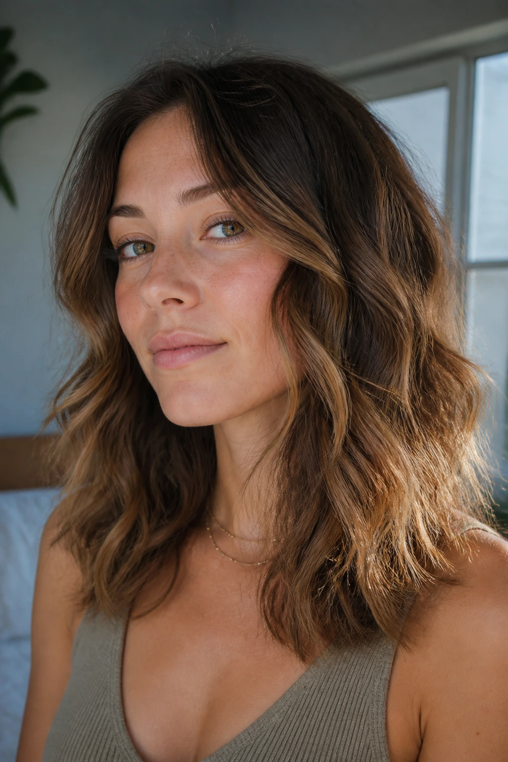 Close-up of a woman with mild frizz at ends due to layers