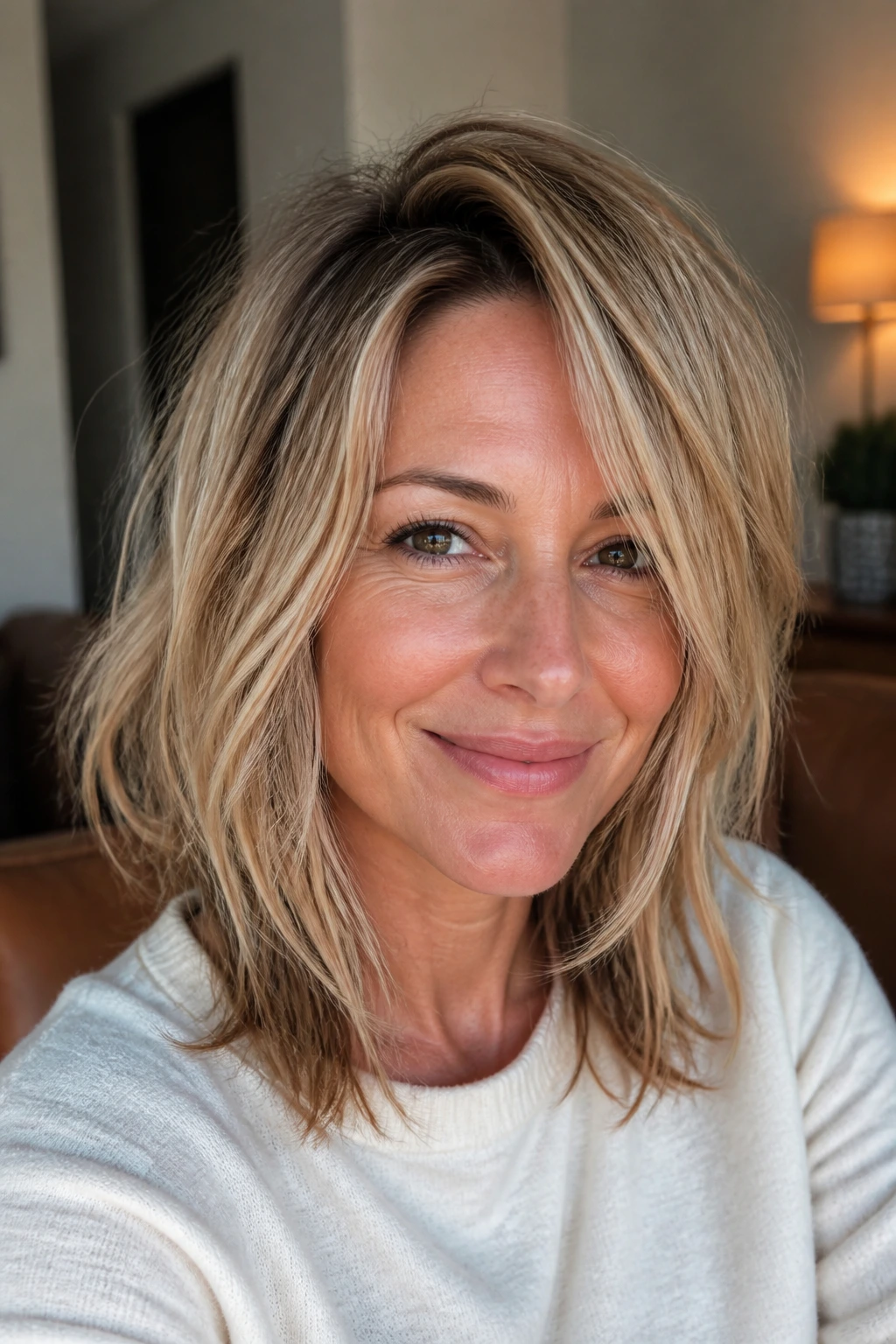 Real person with lifted crown and layered hair in a portrait.