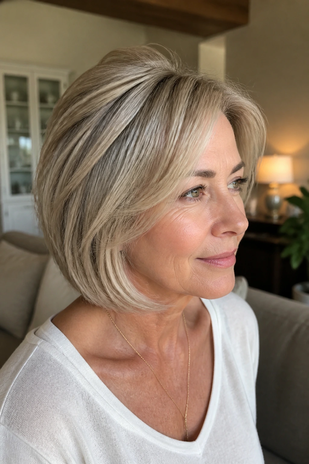 Close-up portrait highlighting interior layering in hair under natural daylight