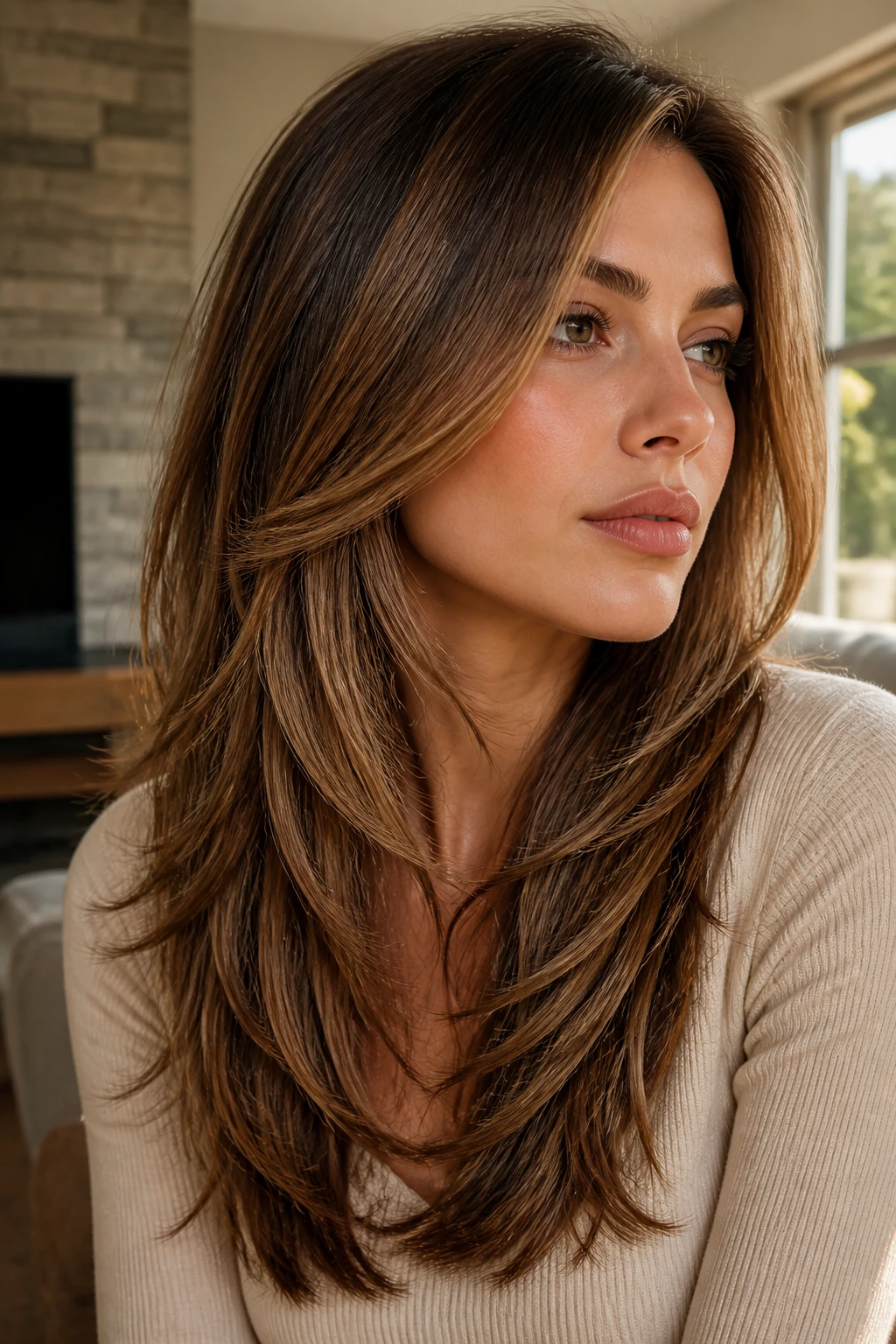 Portrait illustrating how layers soften a square jawline with diagonal face-framing layers.