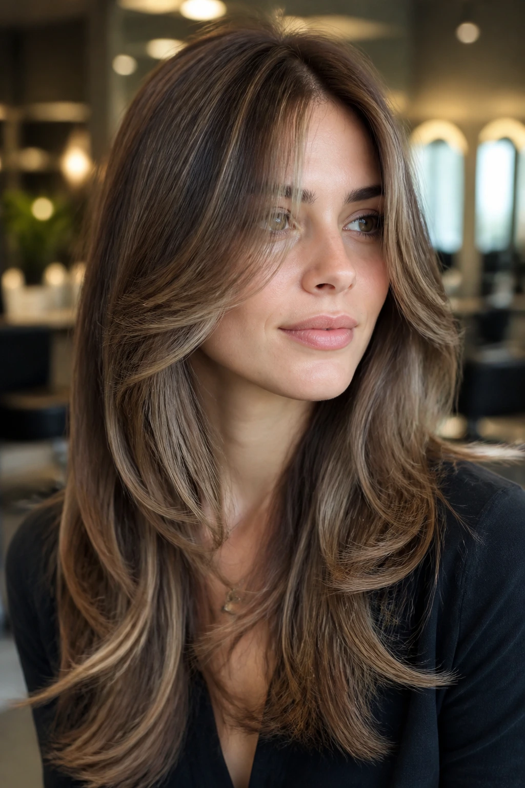 Close-up portrait showing feathery face-framing layers around jaw in a salon setting