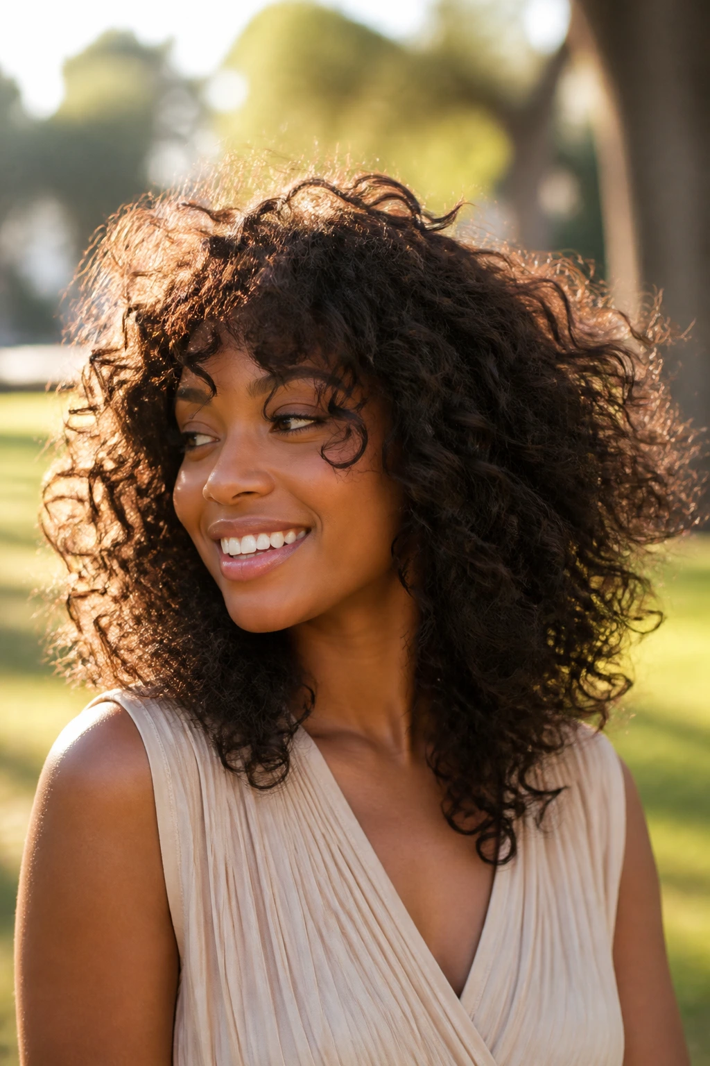 Close-up of a real Black woman with layered curls in motion outdoors
