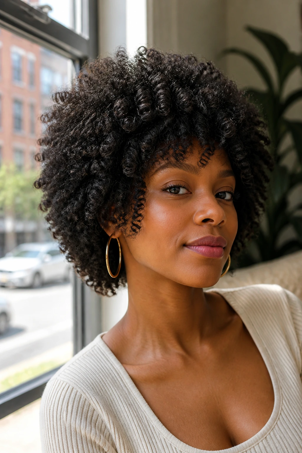 Close-up of a Black woman with layered hair showing changed silhouette due to layers.