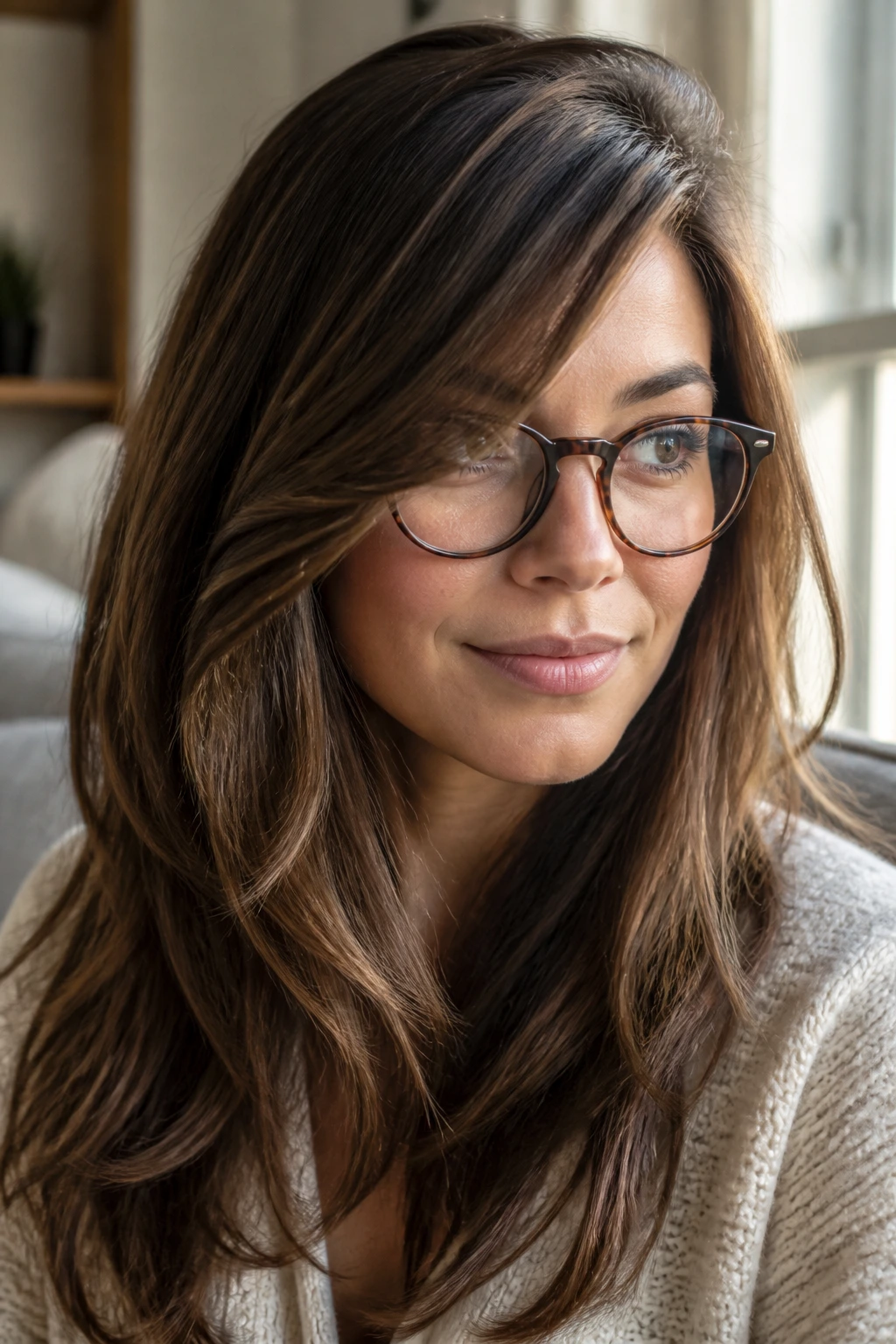 Close-up of a real woman with long layered hair and deep side part in warm window light