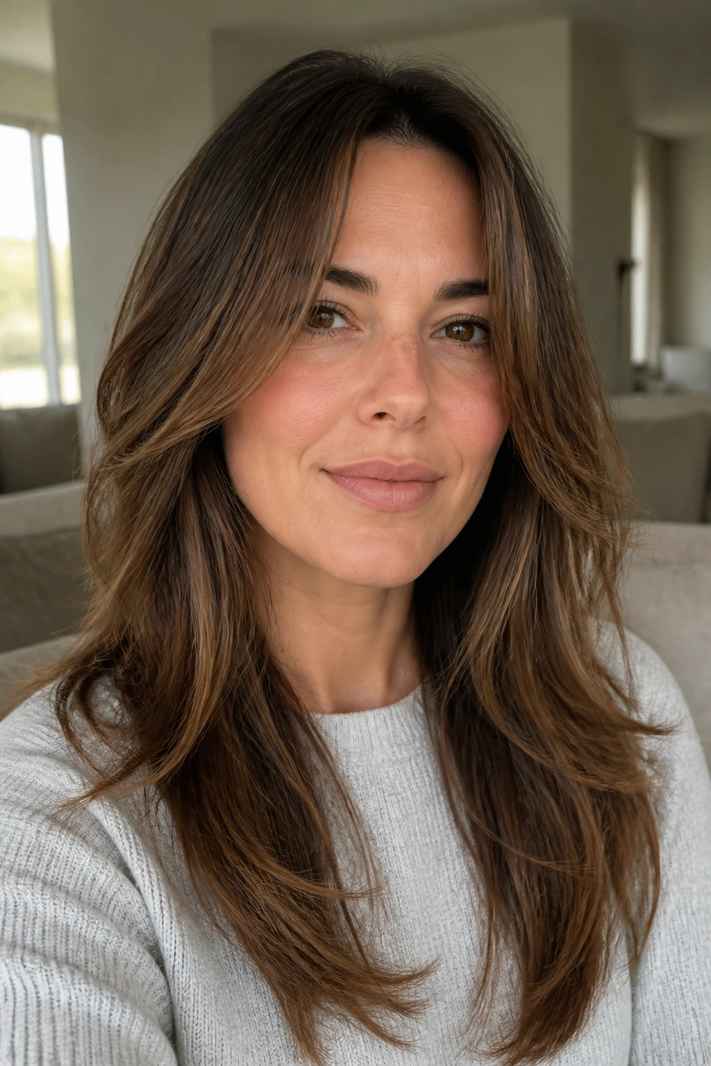 Close-up portrait of a real woman with layered hair softening a square jawline.